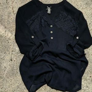 Navy Blue See-thru 3/4 Sleeve Blouse